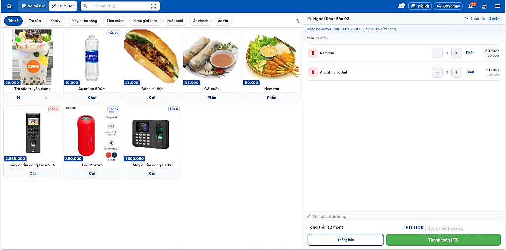 Giao diện bán hàng SBOX POS — thực đơn, giỏ hàng và thanh toán